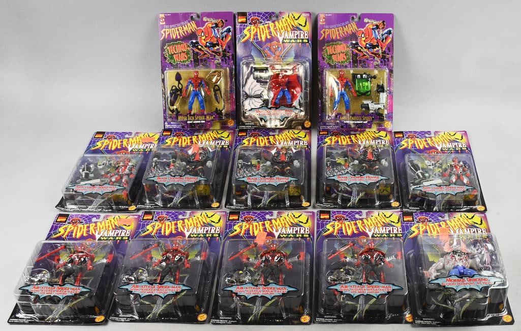 (13) 1996 Toy Biz Spiderman Vampire Wars PLUS - MOC-NOS: Lot is 13 1996 Toy Biz Spiderman Vampire Wars PLUS - MOC-NOS. Includes Vampire with Bat, Morbius Unbound, two Anti Vampire Spiderman, three Blade Vampire Hunter, four Air Attack Spiderman. Also includ