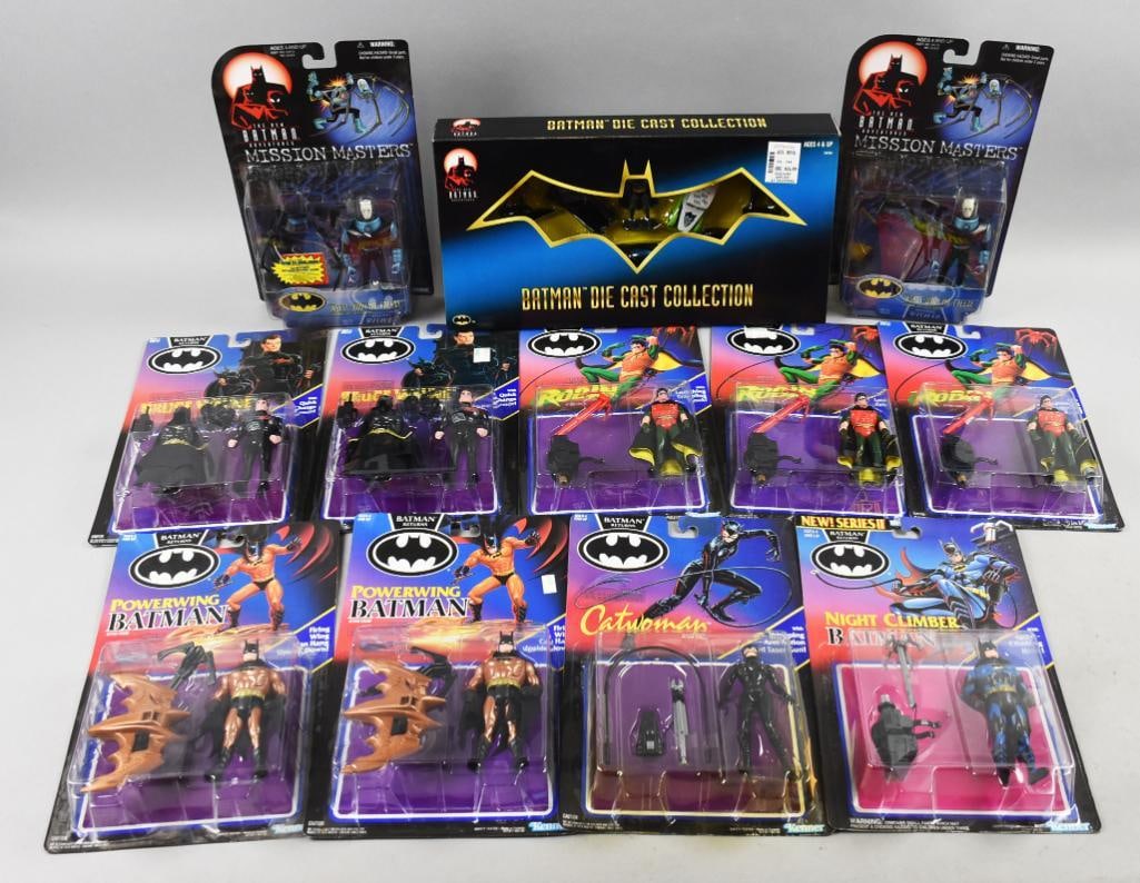 (12) 1991, 93, 98 Kenner Batman Action Figures - MIP-NOS: Lot is 12 1991, 93, 98 Kenner Batman Action Figures - MIP-NOS. Includes Die Cast Collection, Catwoman, Night Climber, Powerwing, two of each: Mr. Freeze, Bruce Wayne, and three each Robin. Single owne