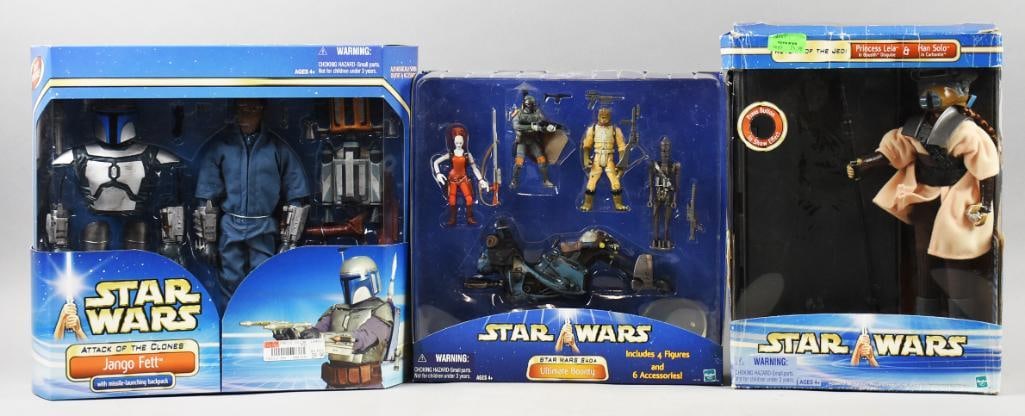 (3) 2002-03 Hasbro Star Wars Action Figure Sets-MIB-NOS: Lot is three 2002-03 Hasbro Star Wars Action Figure Sets-MIB-NOS. Includes one each: Ultimate Bounty Action Figures, Jango Fett with Missile Launching Backpack and Princess Leia/Han Solo. Single owner