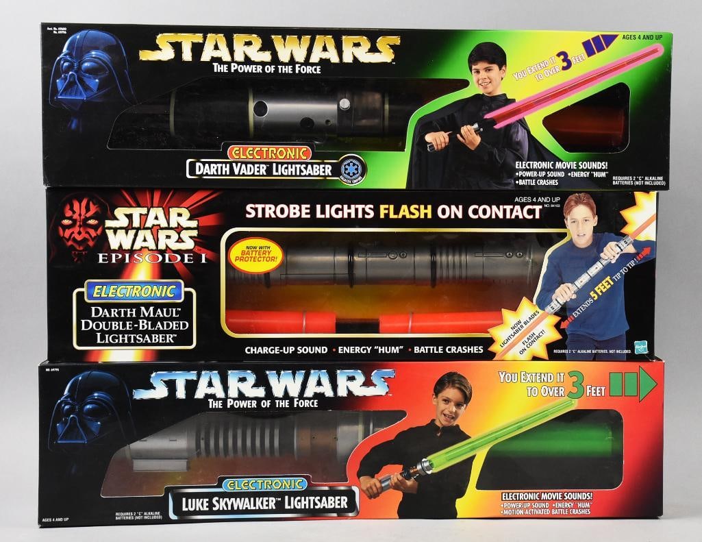 (3) 1995-96, 98 Hasbro Star Wars Lightsaber Variety-MIB-NOS: Lot is 1995-96, 98 Hasbro Star Wars Lightsaber Variety-MIB-NOS. Includes a Darth Vader, Luke Skywalker and Darth Maul Double Bladed. Single owner collection from the largest toy collector on the West 