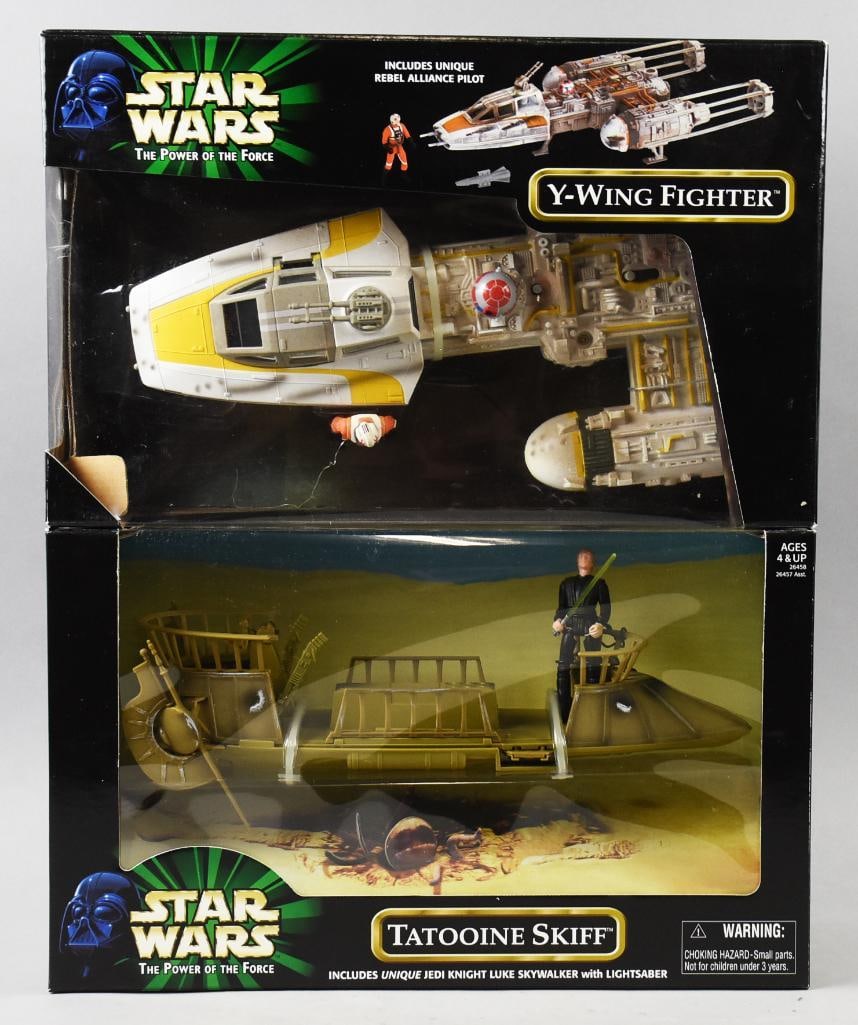 (2) 1999 Hasbro Star Wars Vehicles-MIB-NOS: Lot is two 1999 Hasbro Star Wars Vehicles-MIB-NOS. Includes Y-Wing Fighter and Tatooine Skiff. Single owner collection from the largest toy collector on the West Coast.