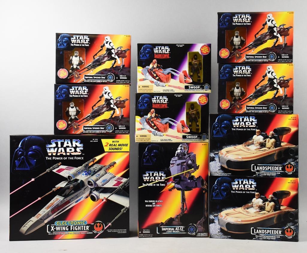 (10) 1995-96 Kenner Star Wars Vehicles-MIB-NOS: Lot is 10 1995-96 Kenner Star Wars Vehicles-MIB-NOS. Lot is an X-Wing Fighter, Imperial AT-ST, and two of each Swoop, Landspeeder and four Imperial Speeder Bike. Single owner collection from the large