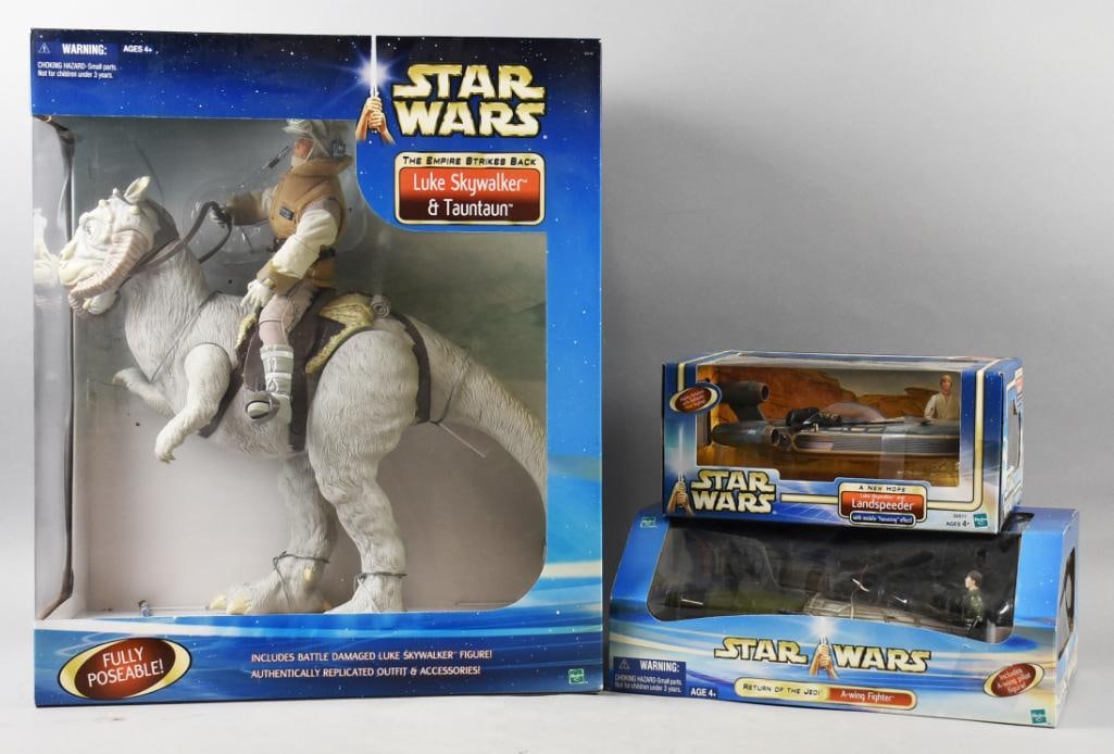 (3) 2002 Hasbro Star Wars Action Figures-MIB-NOS: Lot is three 2002 Hasbro Star Wars Action Figures-MIB-NOS. Includes Luke Skywalker and Tauntaun, Land Speeder and Airwing Fighter. Single owner collection from the largest toy collector on the West Co