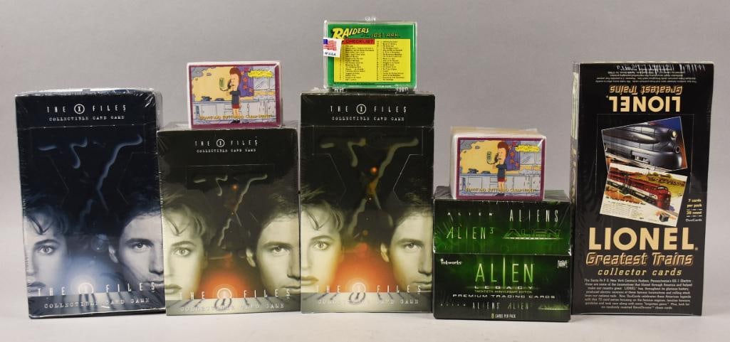 (8) 1981, 94, 96, 98 X-File, Lionel PLUS Trading Cards-MIP-NOS: Lot is eight 1981, 94, 96, 98 X-File, Lionel PLUS Trading Cards-MIP-NOS. Includes Lionel Greatest Trains, Alien, Beevis and Butthead, Raiders of the Lost Ark, and three X-Files. Single owner collectio