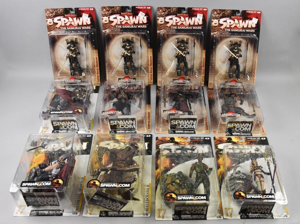 (12) 2000 McFarlane Spawn Figures-Carded-NOS: Lot is 2000 12 McFarlane Spawn Figures-Carded-NOS. Includes four additional figures than on the list. Pieces are Tiffany II, Medieval Spawn II, Al Simmons, Malebolgia II, Spawn V, Jackel, Scorpion, Sa