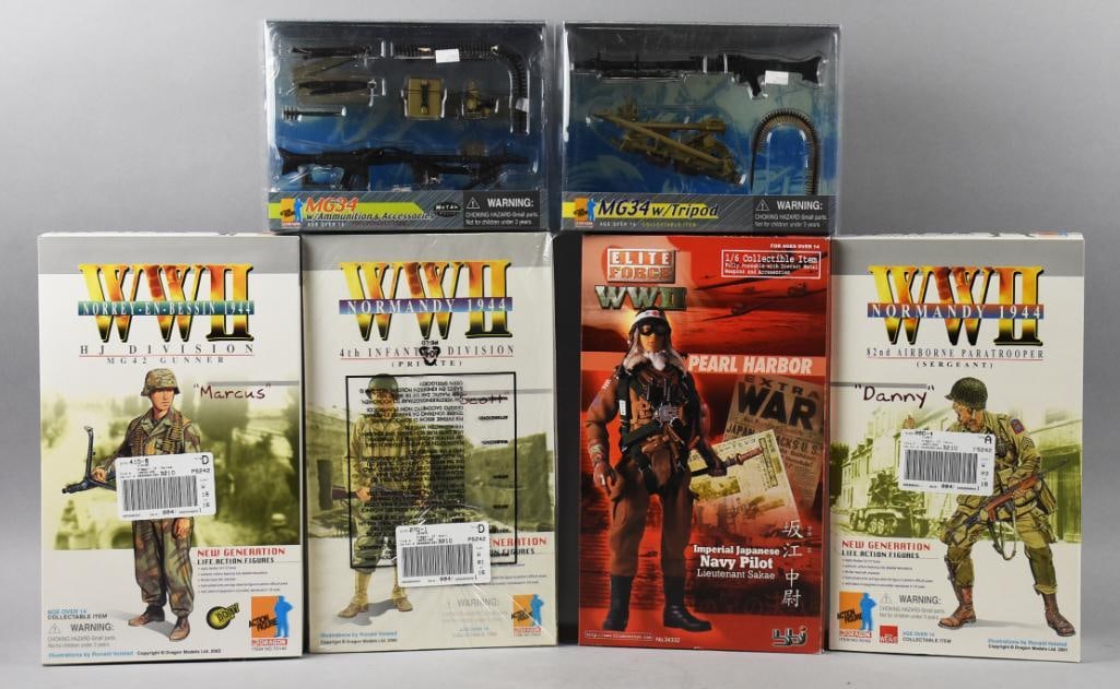 (6) 2000-02 Dragon-BBI Military Soldiers/Weapons-MIP-NOS: Lot is six 2000-02 Dragon-BBI Military Soldiers/Weapons-MIP-NOS. BBI is Pearl Harbor Navy Pilot. Dragon are Marcus, Scott and Danny WWII soldiers and two weapon sets MG34 and MG34 w/ tripod. Single ow