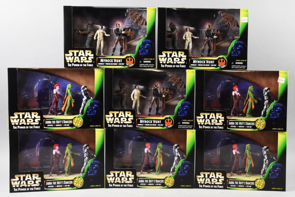 (8) 1999 Hasbro Star Wars Cinema Scenes Action Figs-MIB-NOS: Lot is eight 1999 Hasbro Star Wars Cinema Scenes Action Figs-MIB-NOS. Includes three Mynock Huts and five Jabba the Huts Dancers. Single owner collection from the largest toy collector on the West Coa