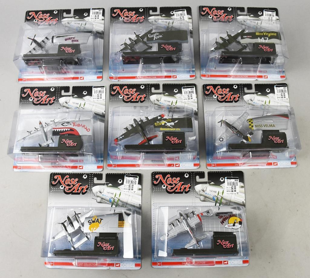 (8) 2004-05 Corgi Nose Art Die Cast Military Planes-MOC-NOS: Lot is eight 2004-05 Corgi Nose Art Die Cast Military Planes-MOC-NOS. Includes Dirty Dick, Oh Hard Luck, Miss Velma, SWAT, Gentle Annie, Miss Virginia, Tubarao and Man O' War. Single owner collection 