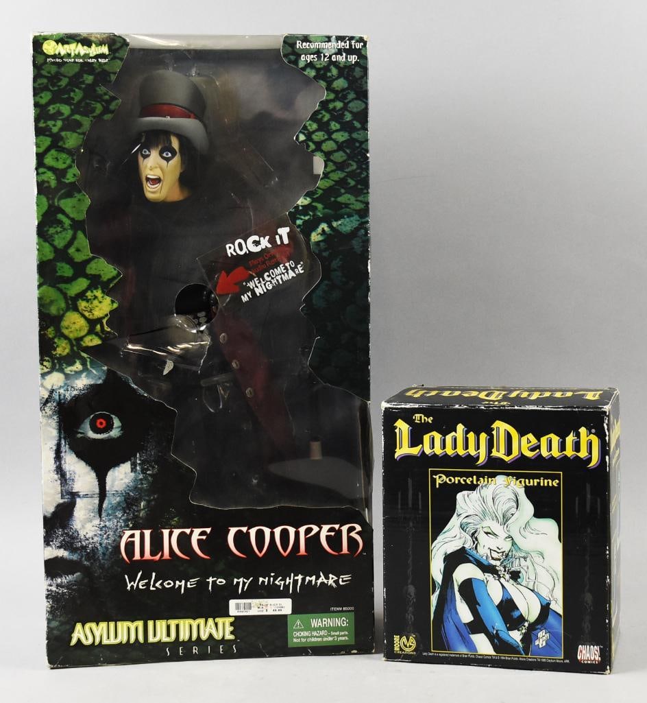 1994, 2001 Art Asylum/Moore Creations-Alice Cooper, Lady Death: 1994, 2001 Art Asylum/Moore Creations-Alice Cooper, Lady Death. Both are mint in box. From the home of a Pop Culture toy collector.