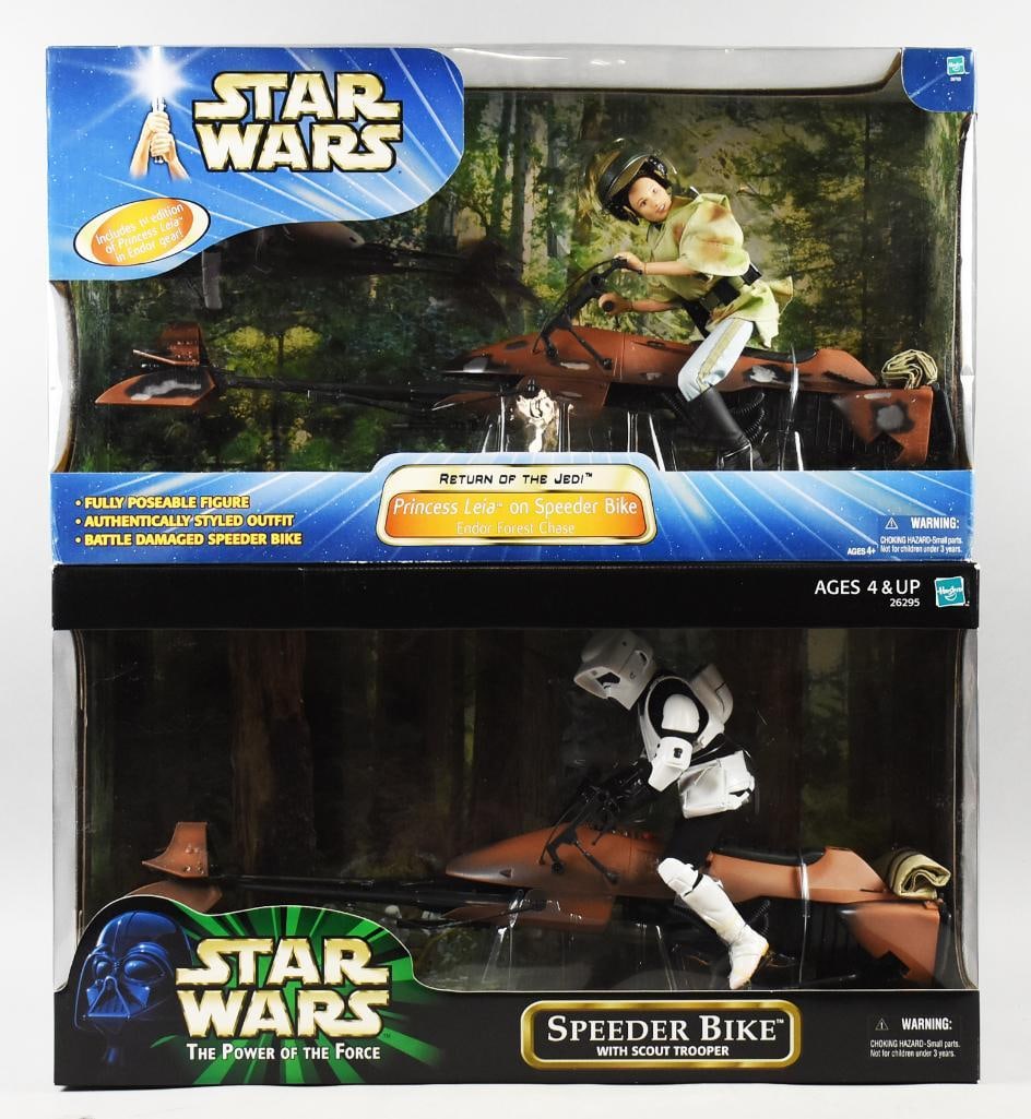 (2) 2000, 2003 Hasbro Star Wars Speeder Bikes-MIB-NOS: Lot is two 2000, 2003 Hasbro Star Wars Speeder Bikes MIB NOS. Includes Speeder Bike with Scout Trooper and Princess Leia on a Speeder Bike. Single owner collection from the largest toy collector on th