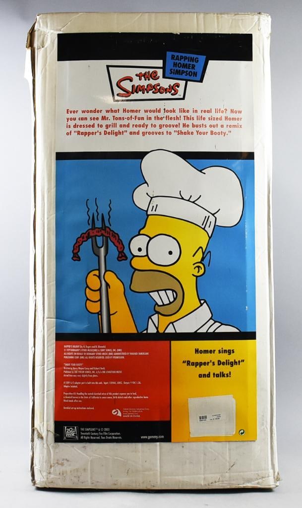 2003 Gemmy Rapping Homer Simpson Animate/Life Sized MIB: 2003 Gemmy Rapping Homer Simpson-Animate Life Sized MIB. Licensed by 20th Century Fox. Purchased new and never removed from box. Homer is 42" tall x 30" across. From the home of a Pop Culture toy coll