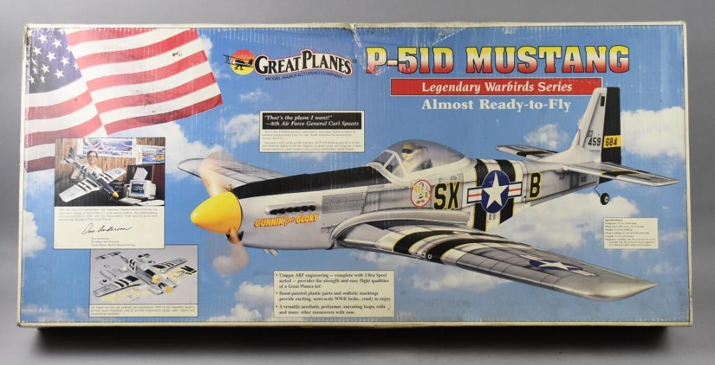 Great Plains Model Mfg Co Nitro P-51D Mustang MIB: Vintage Great Plains Model Mfg Co P-51D nitro powered Mustang MIB. Plane has a 57" wingspan. From the home of a Pop Culture toy collector.