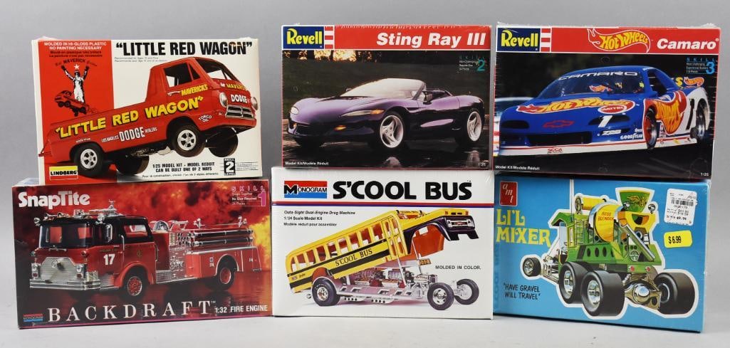 (6) 1973, 91, 93, 2007 Misc Mfg Hobby Models-MIB-NOS: Lot is six 1973, 91, 93, 2007 Misc Mfg Hobby Models-MIB-NOS. Includes Camaro, Stingray III, Backdraft Fire Engine, S'Cool Bus, Little Red Wagon, Li'l Mixer. Single owner collection from the largest to