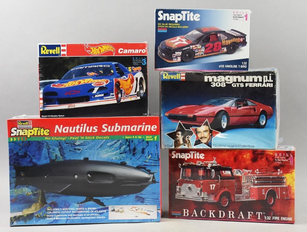 (5) 1989, 91, 93, 97 Revel/SnapTite Hobby Models-MIB-NOS: Lot is five 1989, 91, 93, 97 Revel/SnapTite Hobby Models-MIB-NOS. Lot is Camaro, Magnum PI Ferrari, Havoline T-Bird, Backdraft Fire Engine and Nautilus Submarine. Single owner collection from the larg