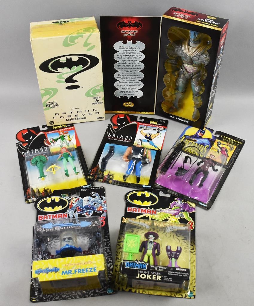 Batman-(7) 1993-95, 97, 2000-01 Hasbro/Kenner Plus NOS: Lot is seven 1993-95, 97, 2000-01 Hasbro/Kenner Plus Batman-NOS. Includes SkyCaps Glow in the Dark, Mr. Freeze doll, Poison Ivy, Bane, Catwoman, Mr. Freeze and Night Spark Joker. Single owner collecti