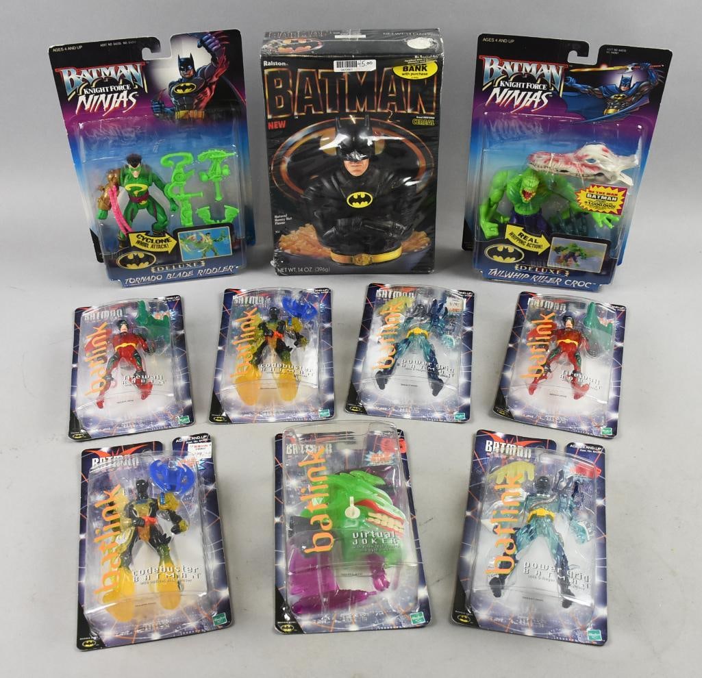 (10) Batman 1989, 1998-99 Cereal/Action Figs-MIP-NOS: Lot is 10 1989, 1998-99 Batman Cereal/Action Figs-MIP-NOS. Includes the 1989 box of cereal-sealed, Tornado Blade, Tailwhip Killer Croc, Power Grid Batman, two Robin and more. Single owner collection f