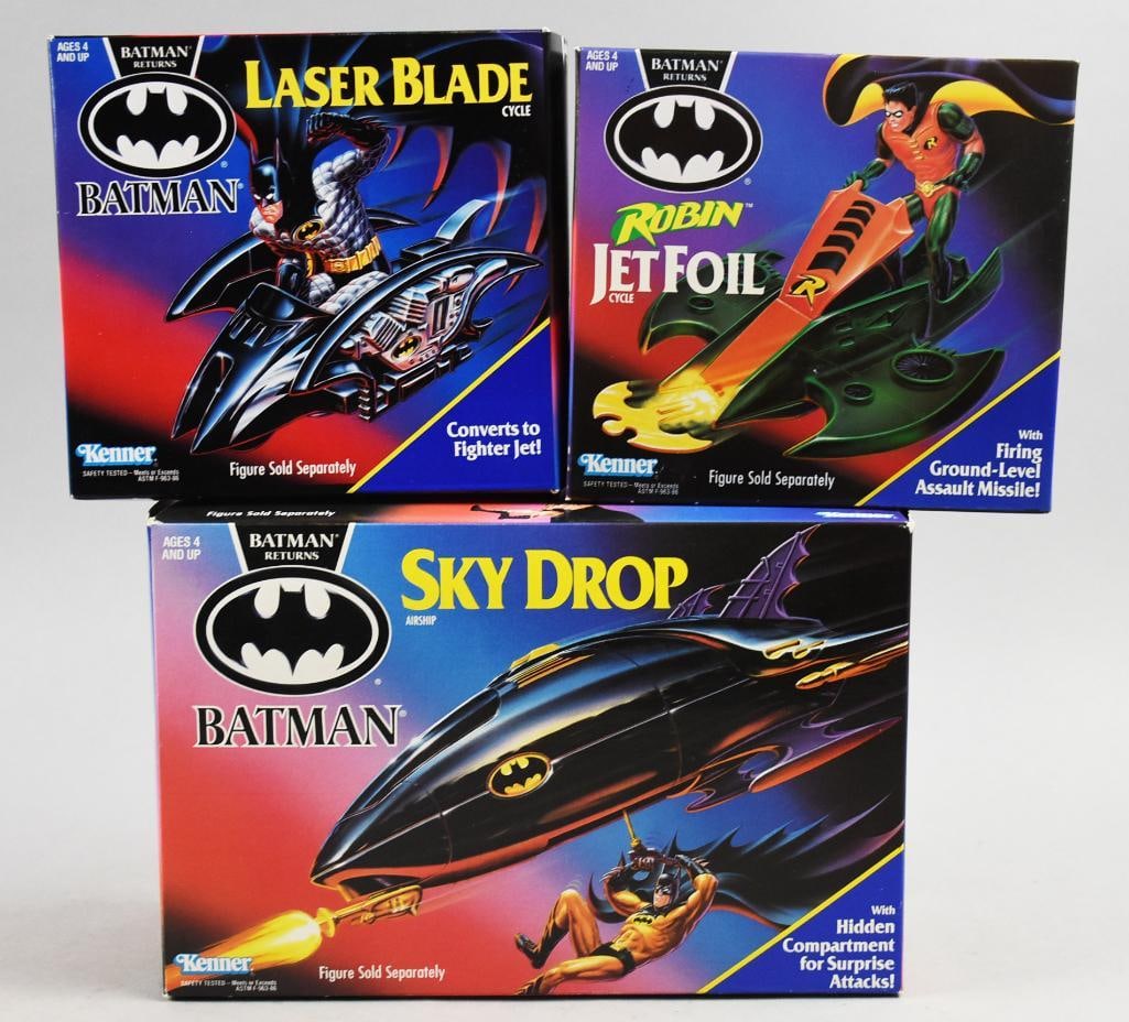 1991 Kenner Batman Vehicles-Sky Drop-Jet Foil-Laser Blade-NOS: Lot is three 1991 Kenner Batman Vehicles-Sky Drop-Jet Foil-Laser Blade-NOS. Single owner collection from the largest toy collector on the West Coast.
