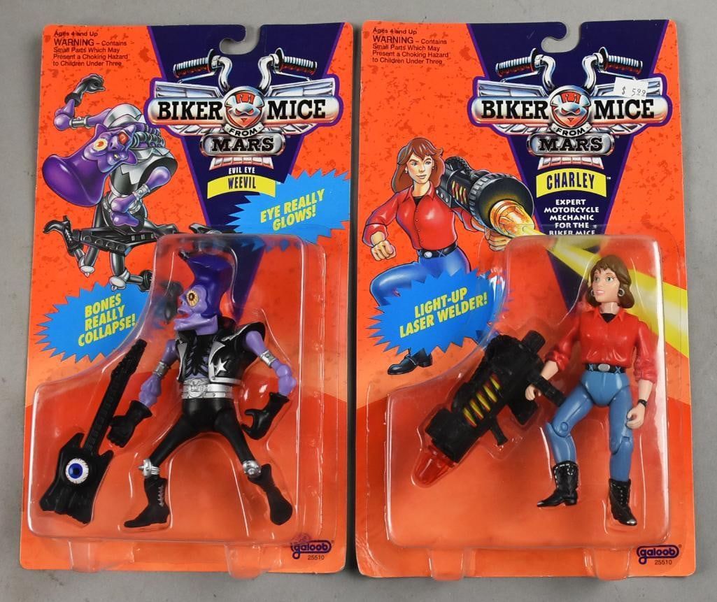 (2) 1993 Galoob Biker Mice From Mars Action Figures-MOC-NOS: Lot is two 1993 Galoob Biker Mice From Mars Action Figures-MOC-NOS. Includes Weevil and Charley. Single owner collection from the largest toy collector on the West Coast.