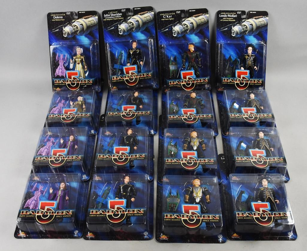 (16) 1997 WB Toys Babylon 5 Action Figures-MOC-NOS: Lot is 16 1997 WB Toys Babylon 5 Action Figures-MOC-NOS. Includes four each, G'Kar, Lando Mollari, Capt. John Sheridan and Delenn variants. Single owner collection from the largest toy collector on th