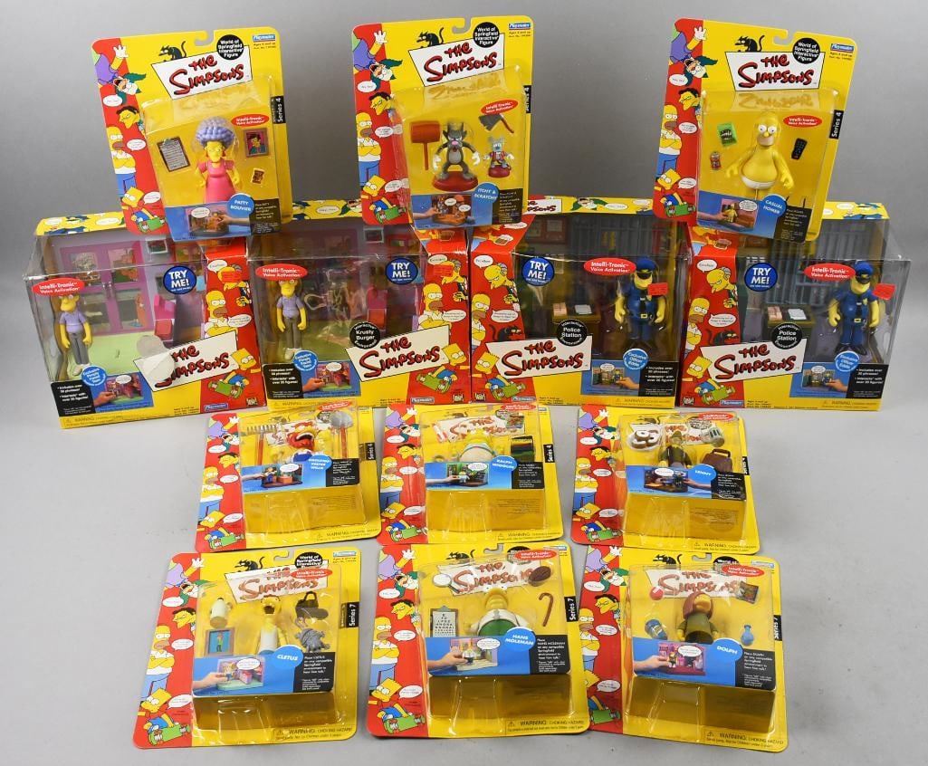 (13) 2001-02 Playmates Simpsons Figures/Playsets-MIP-NOS: Lot is 13 2001-02 Playmates Simpsons Figures/Playsets-MIP-NOS. Including but not limited to Homer, Dolph, Moleman, Cletus, Police Station, Krusty Burger and more. Single owner collection from the larg