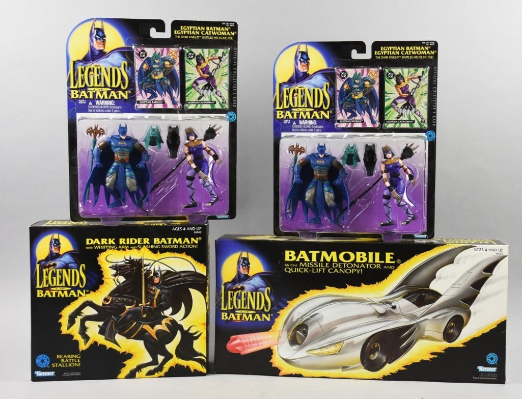 (4) 1994-95 Kenner Legends Batman Action Figs/PLUS-MIP-NOS: Lot is four 1994-95 Kenner Legends Batman Action Figs/PLUS-MIP-NOS. Includes two Egyptian Batman & Catwoman, 1995 and a Rearing Battle Stallion and Batmobile, 1994. Single owner collection from the la