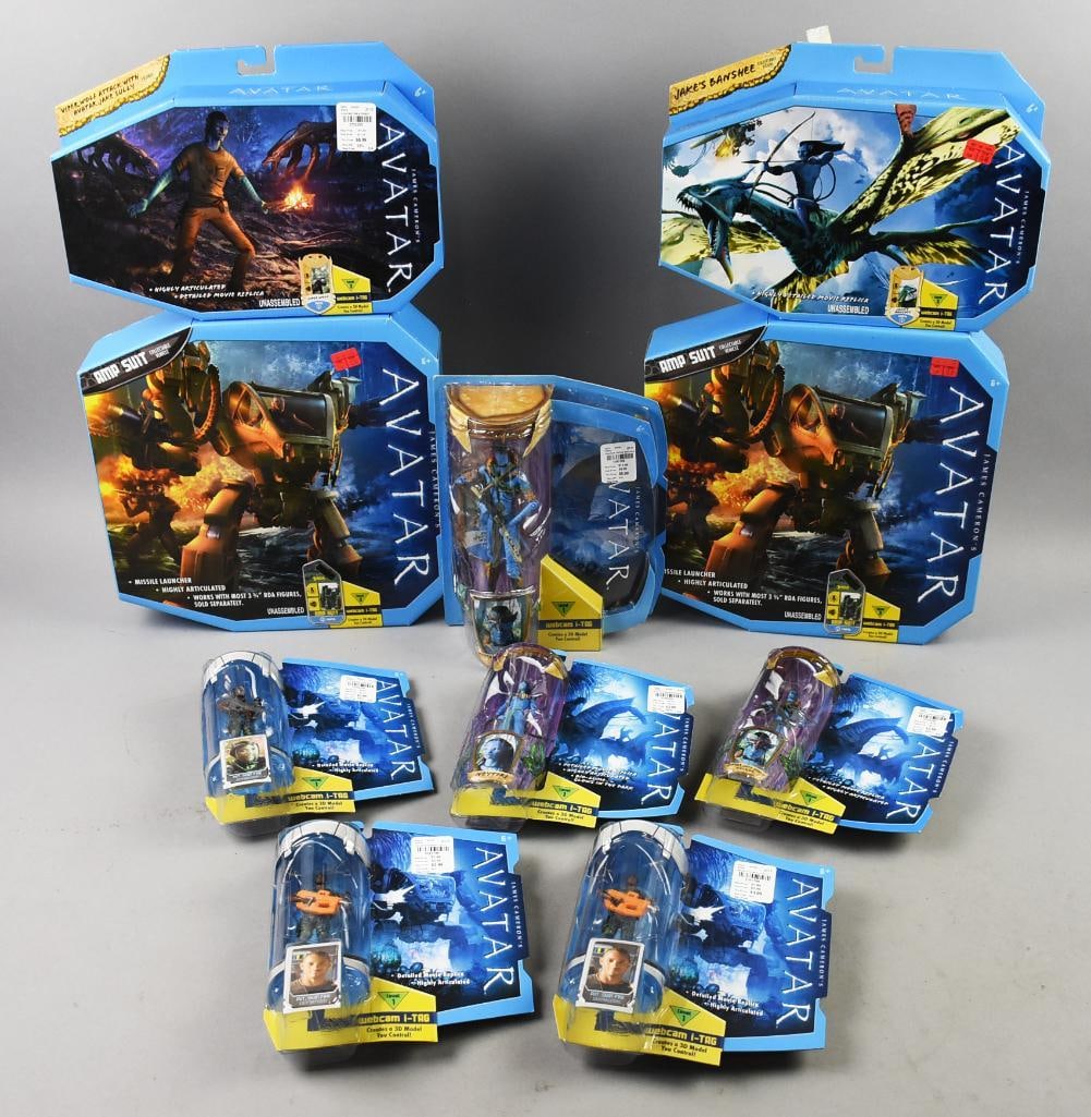 (10) 2009 Mattel Avatar Action Figures-MIP-NOS: Lot is 10 2009 Mattel Avatar Action Figures-MIP-NOS. Includes one each: Sgt. Fike, Neytiri, Viper Wolf, Jake's Banshee. Two each Jake Sully Warrior, Combat Vehicle and Sgt. Pike. Single owner collecti