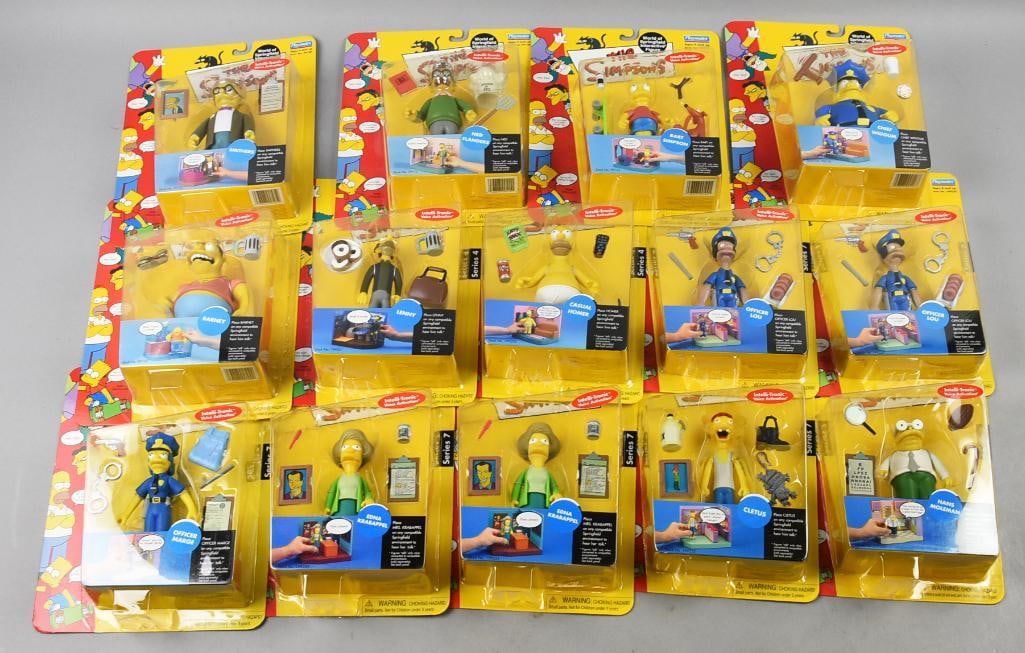 (15) 2000-01 Playmates Simpsons Action Figures-MOC-NOS: Lot is 15 2000-01 Playmates Simpsons Action Figures-MOC-NOS. Includes one each: Smithers, Flanders, Bart, Chief Wiggum, Casual Homer, Lenny, Barney, Officer Marge, Cletus and Hans Moleman. Two each: O