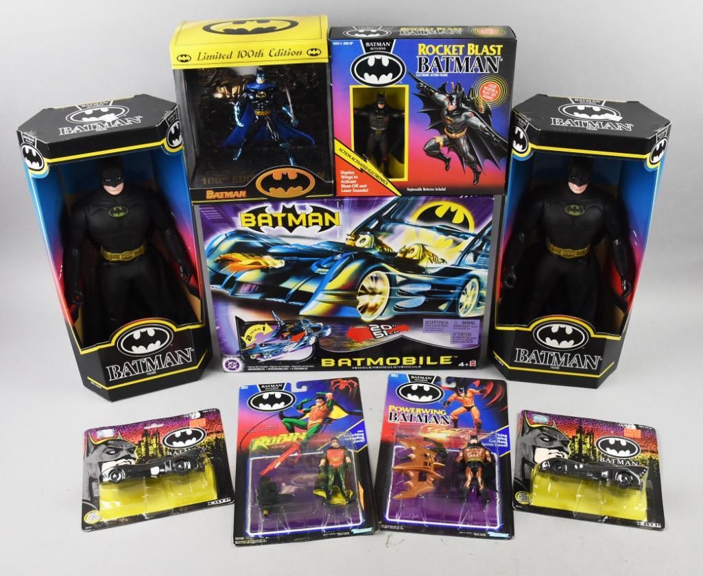 (9) 1991-92, 1996, 2003 Kenner/Mattel/Ertl Batman-MIP-NOS: Lot is nine 1991-92, 1996, 2003 Kenner/Mattel/Ertl Batman-MIP-NOS. Includes one each: Robin with Grappling Hook, Firing Wing Batman, 100th Edition Batman, Rocket Blast Batman and large Batmobile. Two 