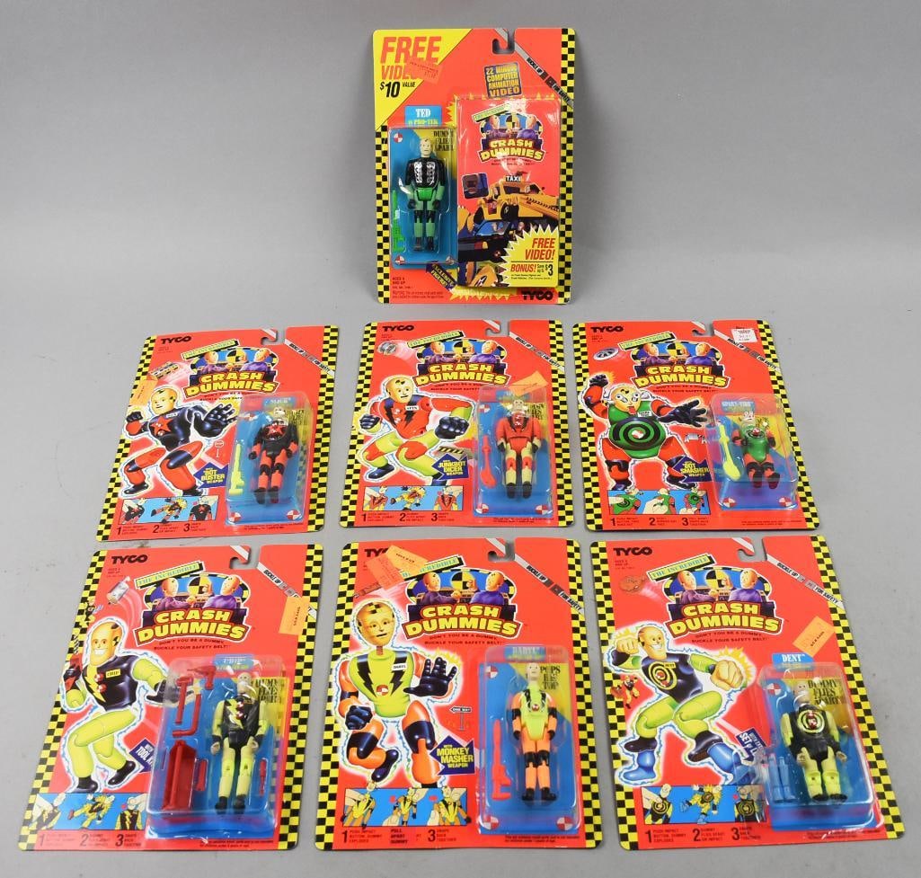 (7) 1993 Tyco Crash Dummies Action Figures-MOC - NOS: Lot is seven 1993 Tyco Crash Dummies Action Figures-MOC - NOS. Includes Ted, Spare Tire, Slick, Spin, Dent, Daryl and Chip. Single owner collection from the largest toy collector on the West Coast.