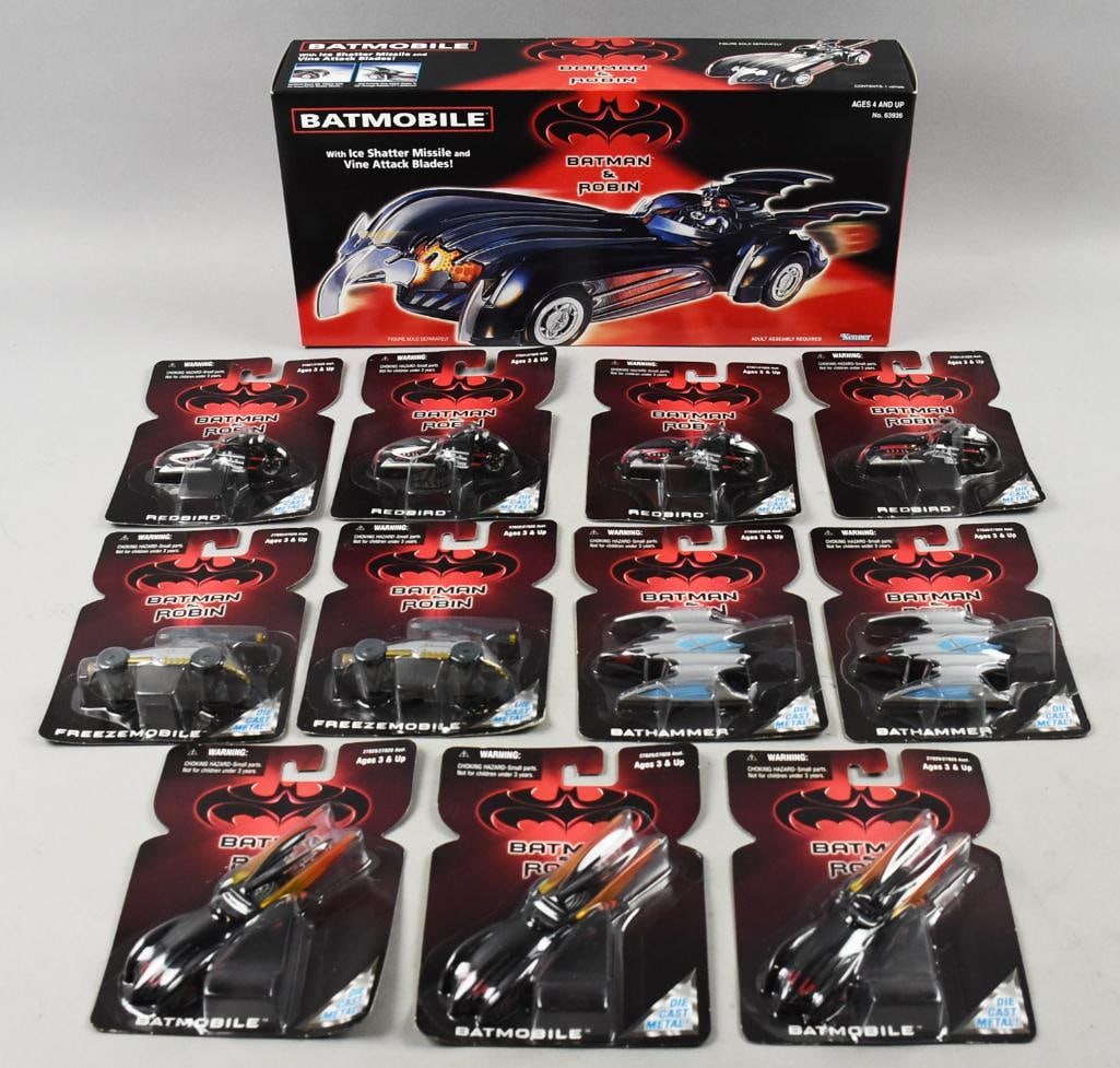 (12) 1997 Kenner Batman and Robin Vehicles-MIP-NOS: Lot is 12 1997 Kenner Batman and Robin Vehicles-MIP-NOS. Includes one large Batmobile, two each Freezemobile and Bathammer, three small batmobile and four Redbird. Single owner collection from the lar