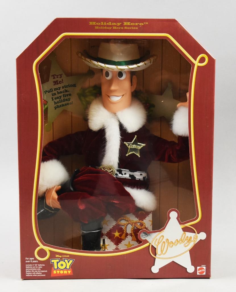 1999 Mattel Toy Story Woody Holiday Hero-Talking-MIB-NOS: 1999 Mattel Toy Story Woody Holiday Hero-Talking-MIB-NOS. Single owner collection from the largest toy collector on the West Coast.