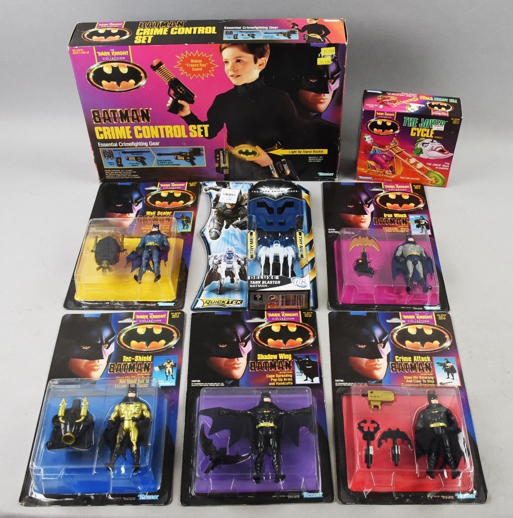 Batman Action (8) 1990, 2011 Kenner/Mattel Figures-MIP-NOS: Lot is eight 1990, 2011 Kenner/Mattel Batman Action Figures-MIP-NOS. Includes Mattel Tank Blaster and Kenner Shadow Wing, Crime Attack, Tech Shield, Wall Sealer, Iron Winch, The Joker Cycle and Crime 