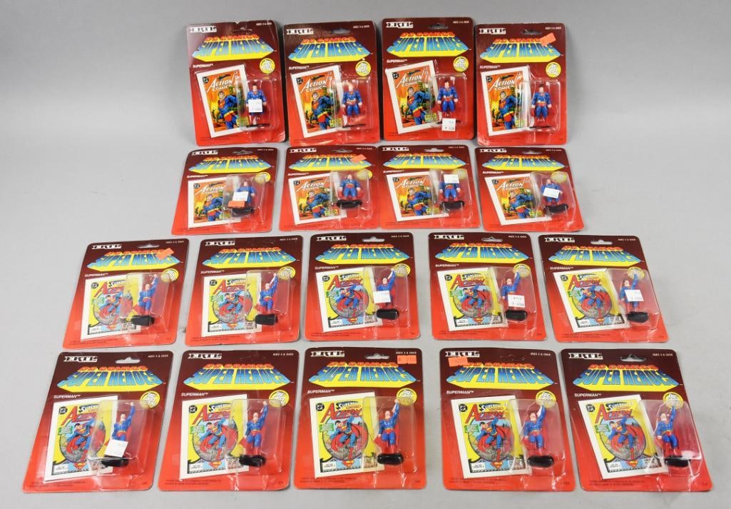 (18) 1990 Ertl DC Comics Super Heroes-MOC-NOS: Lot is 18 1990 Ertl DC Comics Super Heroes-MOC-NOS. Lot is eight Superman and 10 Superman with fist raised. Single owner collection from the largest toy collector on the West Coast.