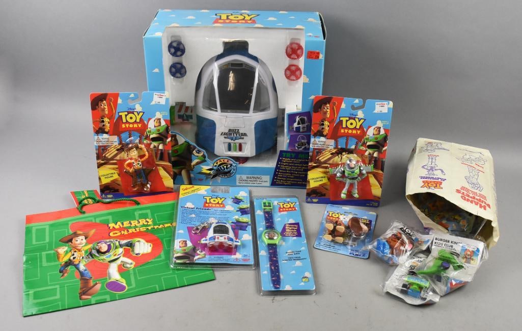 Toy Story (8+) 1990s Collectibles Assortment, Mint-NOS: Lot is over eight 1990s Toy Story Collectibles Assortment, Mint-NOS. Includes a virtual friend, watch, Burger King premium Kids Club figures which includes the take out bag, Slinky Dog, Buzz, Woody, S