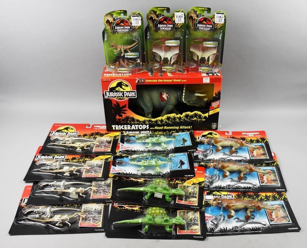 Jurassic Park Action(15) 1992, 2005 Hasbro/Kenner Figs-MIP: Lot is 15 1992, 2005 Hasbro/Kenner Jurassic Park Action Figs-MIP. Includes Triceratops, three two figure packs with one Velociraptor/Stegosaurus and two Pterandon/Compsognathus. Two each: Dimetrodon, 