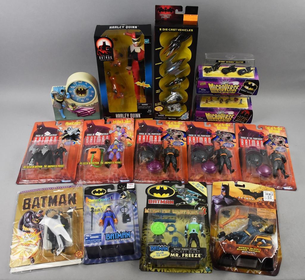 (14) 1974, 1990s-2000s Hasbro, Kenner, PLUS Batman-NOS: Lot is 14 1974, 1990s-2000s Hasbro, Kenner, Toy Biz, Mattel, Janex Batman-NOS. Includes the Janex clock, two MicroVerse, five car die cast, Harley Quinn doll, Jet Pack Joker, Phantasm, three Total Arm