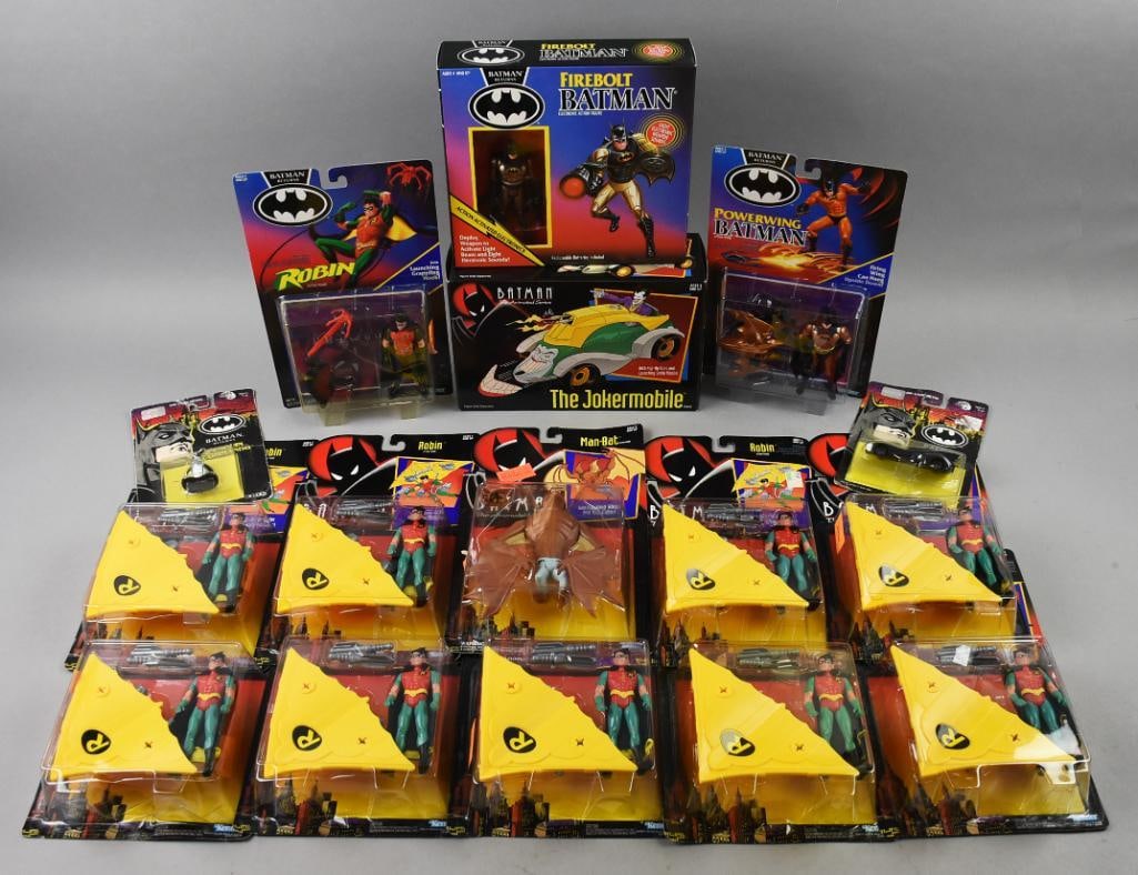 Batman & Robin (16) 1991-92 Kenner/ Ertl Action Figs-NOS: Lot is 16 1991-92 Kenner/Ertl Batman & Robin Action Figs-NOS. Lot is Ertl Penguin Commando and Batmobile. Kenner Powerwing Batman, Robin, Firebolt Batman, The Jokermobile, Man Bat and nine Robin. Sing