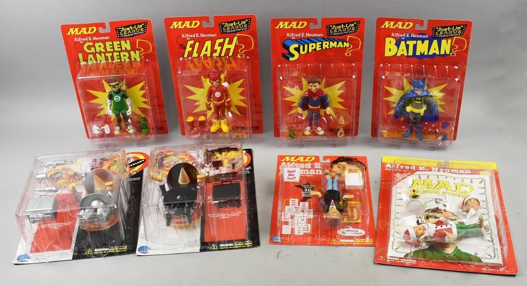 Mad Magazine(8) 1998-99 DC Direct Action Figures-MOC-NOS: Lot is eight 1998-99 DC Direct Mad Magazine Action Figures-MOC-NOS. Includes Alfred E. Neuman as Batman, Superman, Flash and Green Lantern, What, Me Worry?, Christmas stocking stuffer from 1999 and Sp