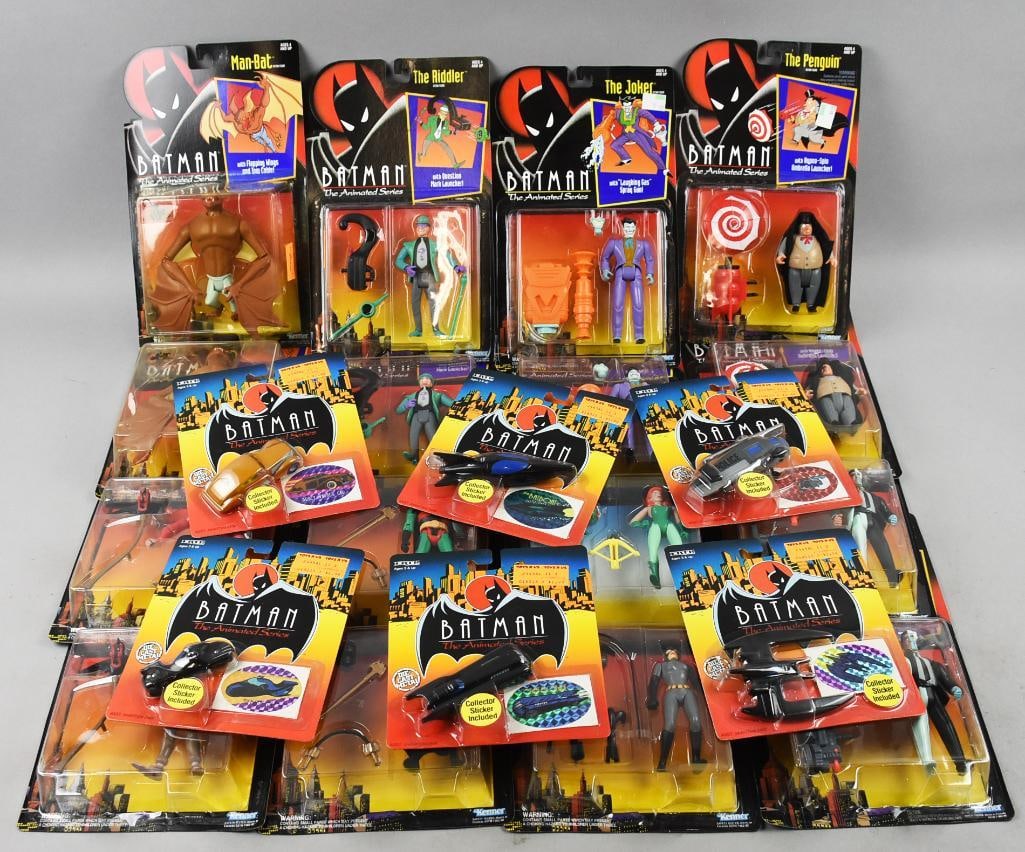 (22) 1992-93 Kenner/Ertl Batman Die Cast/Figures-MOC-NOS: Lot is 22 1992-93 Kenner/Ertl Batman Die Cast/Figures-MOC-NOS. Includes a complete set of six Ertl die cast vehicles, two of each Two Face, Poison Ivy, Scarecrow, Man Bat, Joker, Penguin, The Riddler 