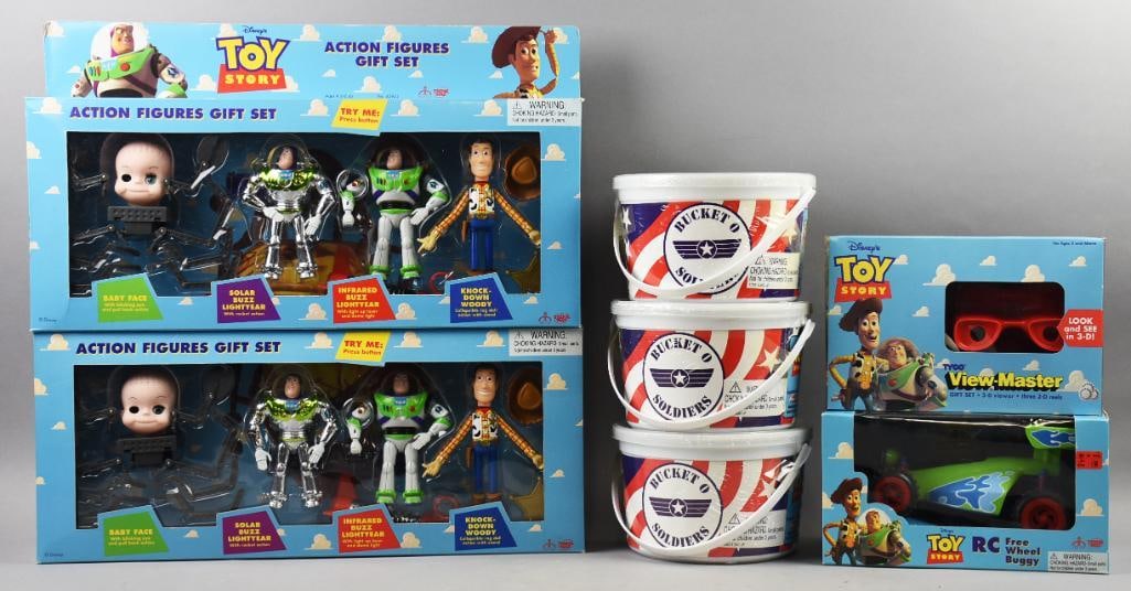 Toy Story (7) 1999 Thinkway Figures/Bucket o' Soldiers-NOS: Lot is seven 1999 Thinkway Toy Story Figures/Bucket o' Soldiers-NOS. Includes three Bucket o' Soldiers, a view master and two Action Figure Sets. Single owner collection from the largest toy collector