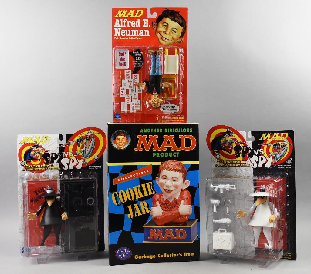 (4) DC Direct/Clay Art Mad Magazine Collectibles-MIP-NOS: Lot is four DC Direct/Clay Art Mad Magazine Collectibles-MIP-NOS. Cookie Jar is Clay Art, Garbage Collector's Item from 2000 of Alfred E. Neuman, DC Direct Upside Down Alfred E. Neuman and two Spy vs.