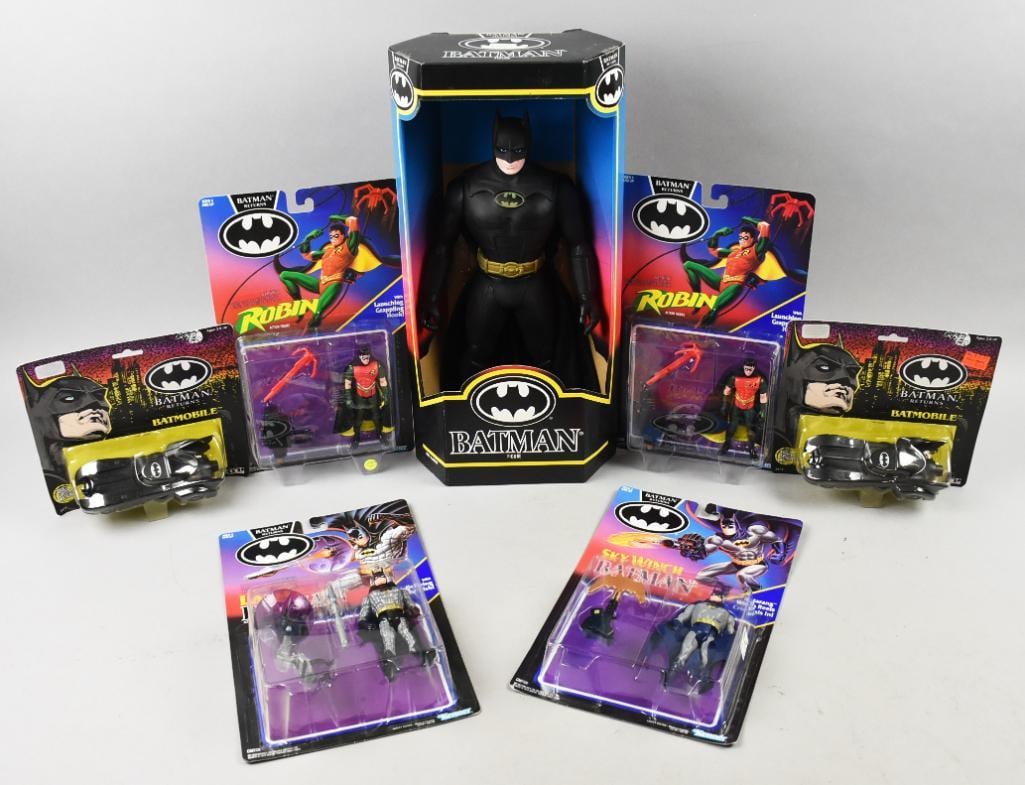 (7) 1991-92 Kenner/Ertl Batman Figures/Die Cast-MIP-NOS: Lot is seven 1991-92 Kenner/Ertl Batman Figures/Die Cast-MIP-NOS. Includes two Ertl Batmobile, Kenner Batman doll, Sky Winch Batman, Laser Batman and two Robin. Single owner collection from the larges