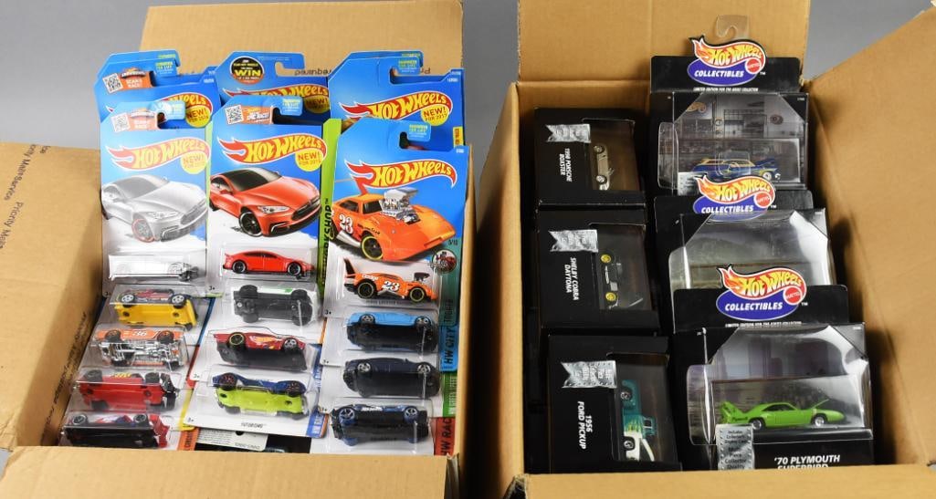 (110) 1990s-2000s Mattel Hot Wheels Assorted-MOC-NOS: Lot is 110 1990s-2000s Mattel Hot Wheels Assorted-MOC-NOS. Not all were examined but 1998 and 2015 are the dates for the three cars featured. Includes 22 Black Box Collectibles and 88 Legends of Speed