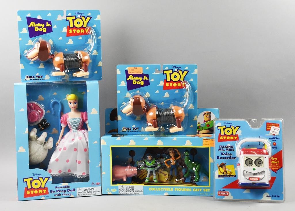 Toy Story (5) 1990s Thinkway, Play Skool PLUS Toys-MIP-NOS: Lot is five 1990s Thinkway, Play Skool PLUS Toy Story Toys-MIP-NOS. Includes two James Industries Slinky Jr. Dog and one each Bo Peep Doll, Collectible Figure Set and a Play Skool Talking Mr. Mike. Si