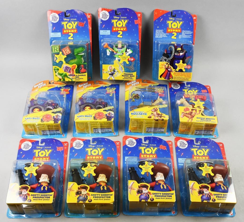 Toy Story (11) 1999 Mattel Toys-MIP-NOS: Lot is 11 1999 Mattel Toy Story Toys-MIP-NOS. Includes Wreck-a-Saurus Rex, Thunder Punch Buzz, Ion Blaster with multi-lingual packaging, Two Anti Buzz, two Bullseye (Variant) and four Shifty Shootin' 