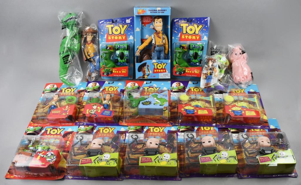 TOY STORY (17) 1990s Thinkway/Mattel Action Figures-MIP-NOS: Lot is 17 1990s Thinkway/Mattel Toy Story Action Figures-MIP-NOS. Includes Rex, Buzz, Kicking Woody, Fighter Woody, two Alien, four Baby Face. Two Rex & RC and a Talking Woody and five Burger King Pre