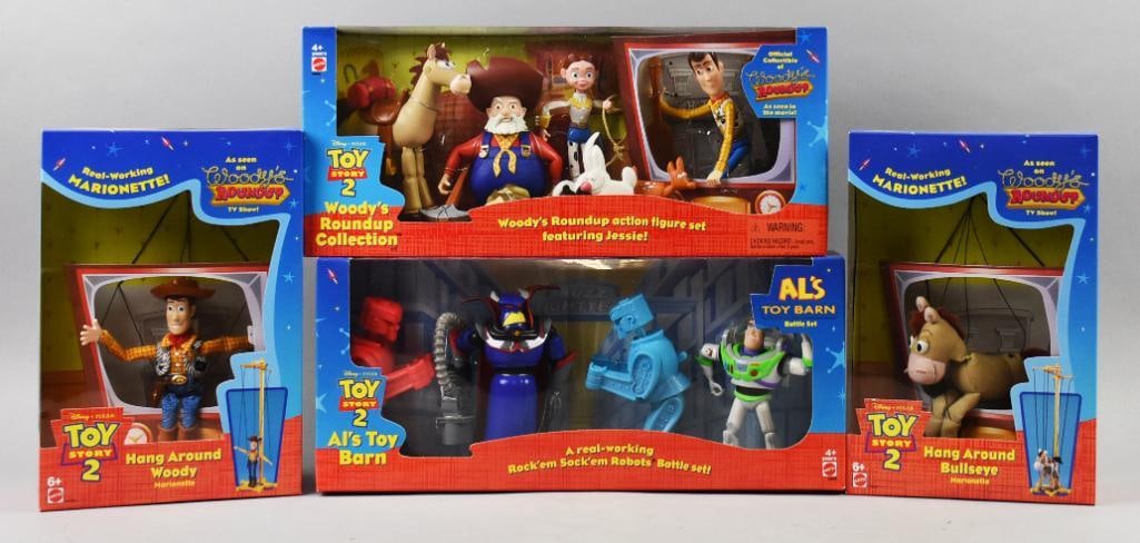 TOY STORY (4) 1999 Mattel Action Figs/Marionettes-MIB-NOS: Lot is four 1999 Mattel Toy Story Action Figs/Marionettes-MIB-NOS. Includes a Woody and Bullseye marionette and Woody's Roundup and Rock 'em Sock 'em Robot play sets. Single owner collection from the