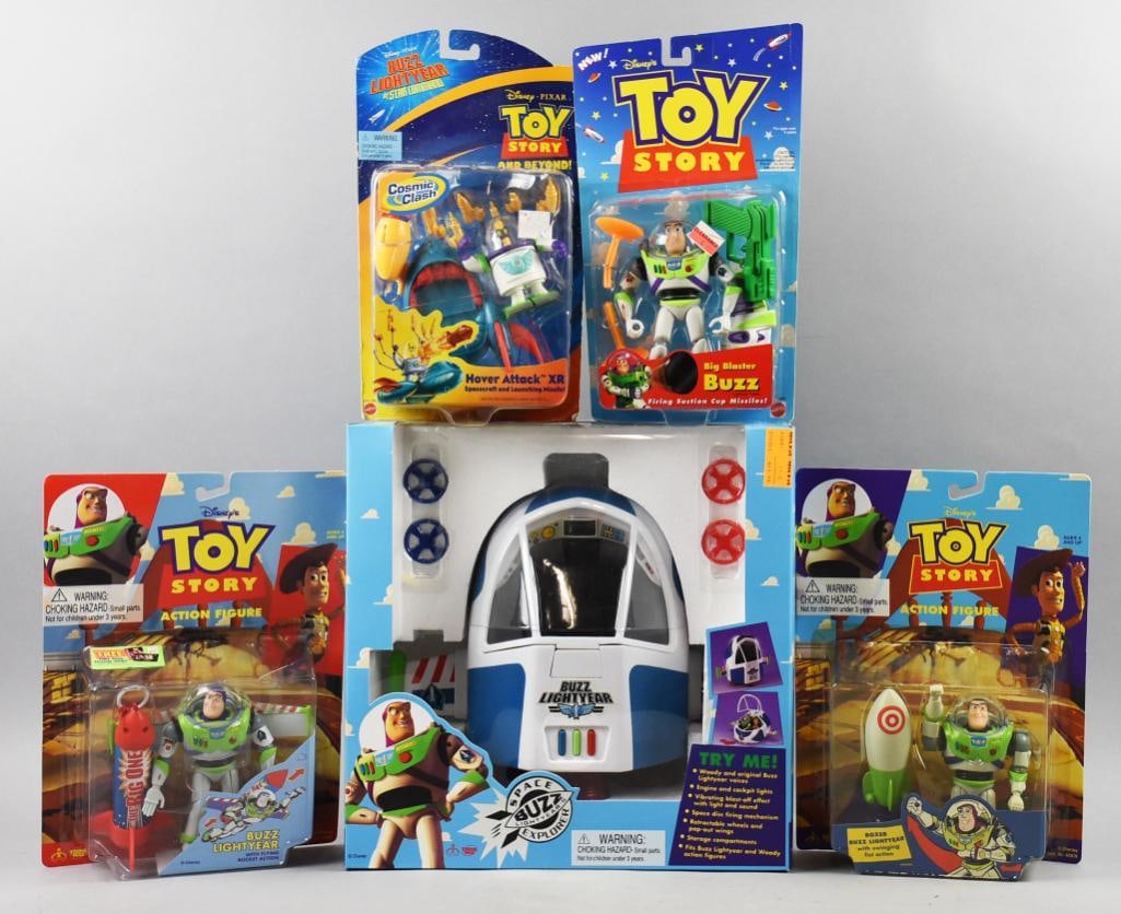 TOY STORY (5) 1995-96, 98, 2001 Matte/Thinkway -MIP-NOS: Lot is five 1995-96, 98, 2001 Matte/Thinkway Toy Story-MIP-NOS. Lot is Big Blaster Buzz, Hover Attack XR, Space Buzz Explorer and two Buzz Lightyear action figures-variant. Single owner collection fro