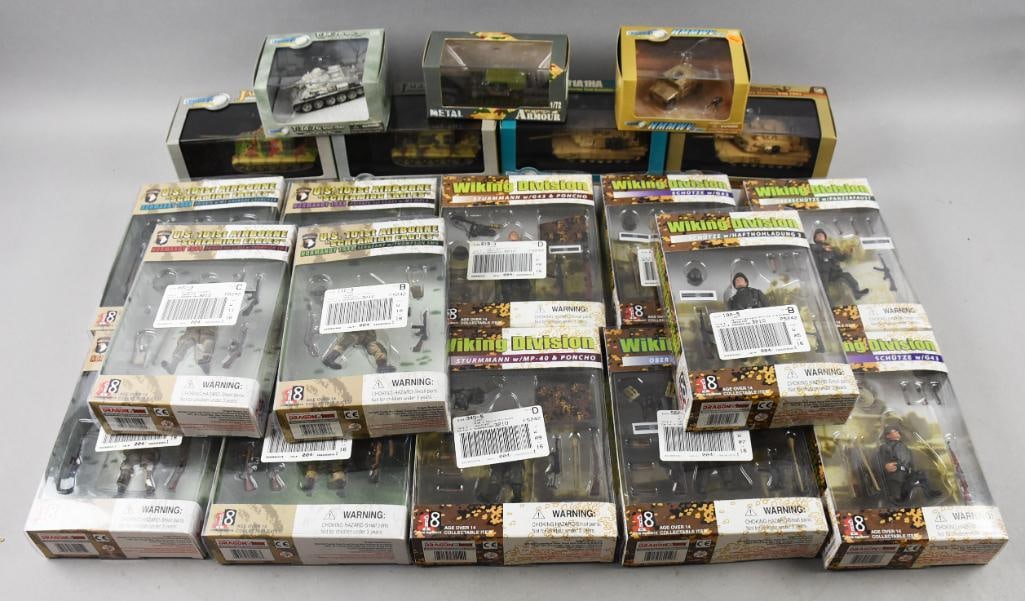(20) 2001-03, 05 Dragon Military Action Figs & Tanks-MIP-NOS: Lot is 20 2001-03, 05 Dragon Military Action Figs & Tanks-MIP-NOS. Includes Jag'd Tiger (variant), M1A2, Wiking Division soldiers, US 101st Airborne and more. Single owner collection from the largest 