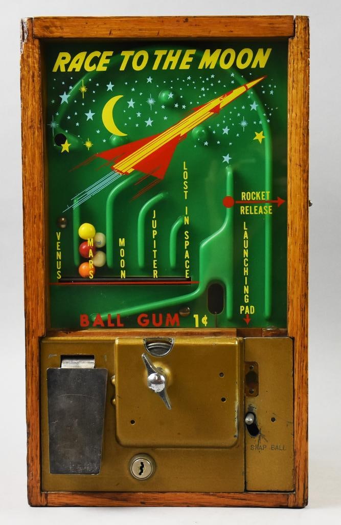 1958 Victor 1c Race to the Moon Gumball Machine w/ Keys: This is an awesome working Victor Vending Corp. gumball machines. Follow the link to you tube to see in it action. The theme is Race to the Moon, shoot the ball and land on Venus, Jupiter, Mars, Moon